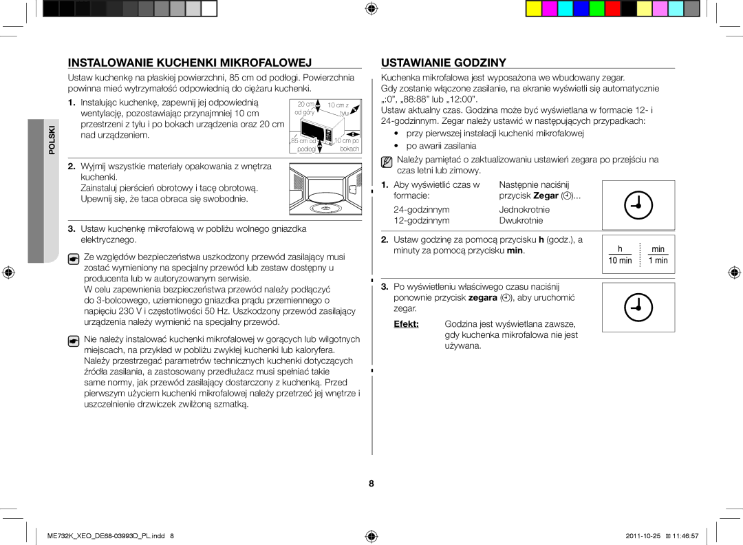 Samsung ME732K-B/XEO manual Instalowanie kuchenki mikrofalowej, Ustawianie godziny, Przycisk Zegar 