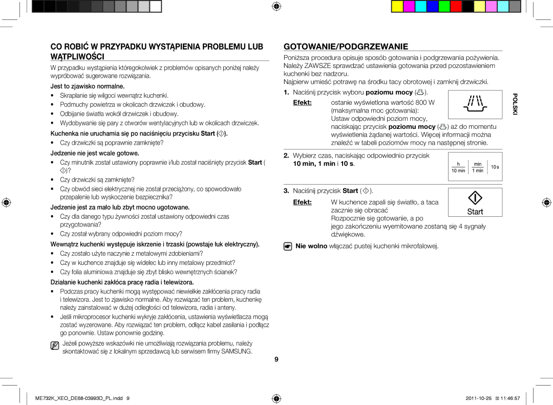 Samsung ME732K-B/XEO manual Co robić w przypadku wystąpienia problemu lub wątpliwości, Gotowanie/Podgrzewanie 