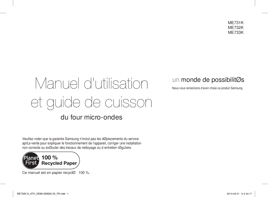 Samsung ME732K-S/XEO manual Manuel dutilisation et guide de cuisson, Nous vous remercions davoir choisi ce produit Samsung 