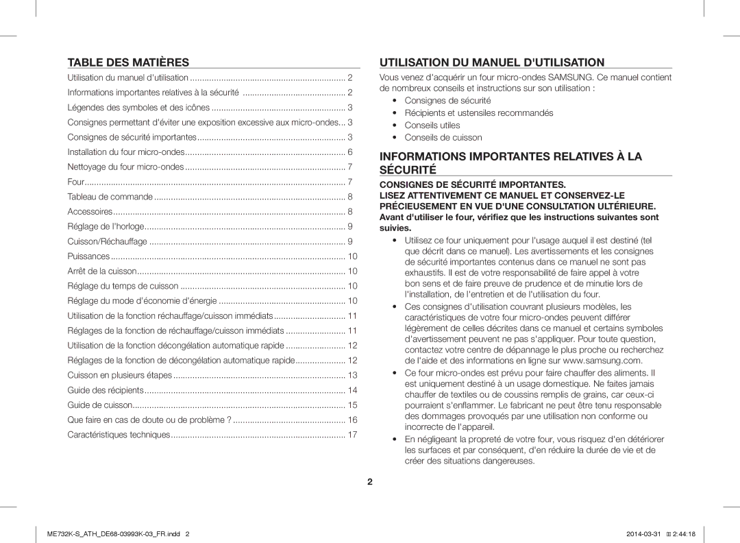 Samsung ME732K-S/ATH, ME732K-S/XEO, ME731K/ATH manual Table DES Matières, Utilisation DU Manuel Dutilisation 