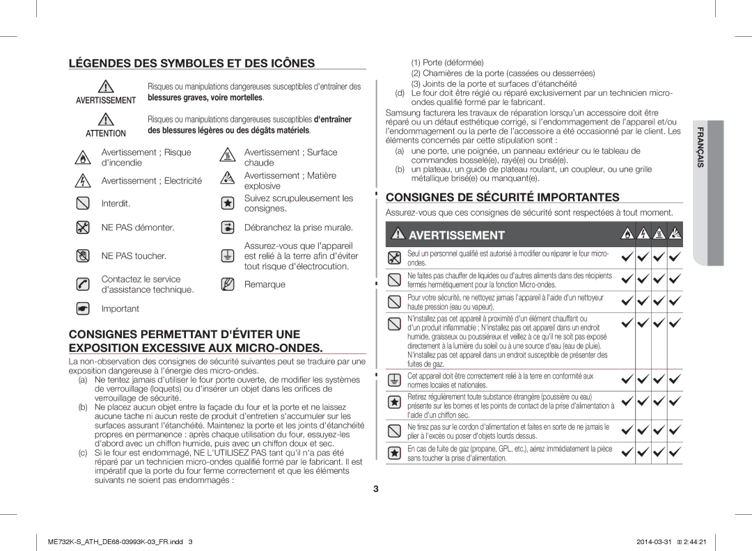 Samsung ME731K/ATH, ME732K-S/XEO manual Légendes DES Symboles ET DES Icônes, Consignes DE Sécurité Importantes, Remarque 