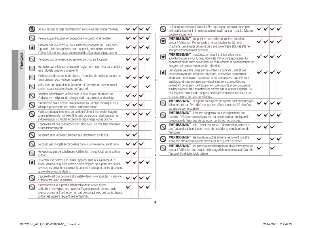 Samsung ME732K-S/XEO, ME732K-S/ATH, ME731K/ATH manual Nexercez pas de pression excessive ni de choc sur lappareil 