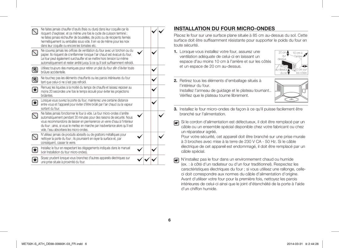 Samsung ME731K/ATH, ME732K-S/XEO, ME732K-S/ATH manual Installation DU Four MICRO-ONDES 