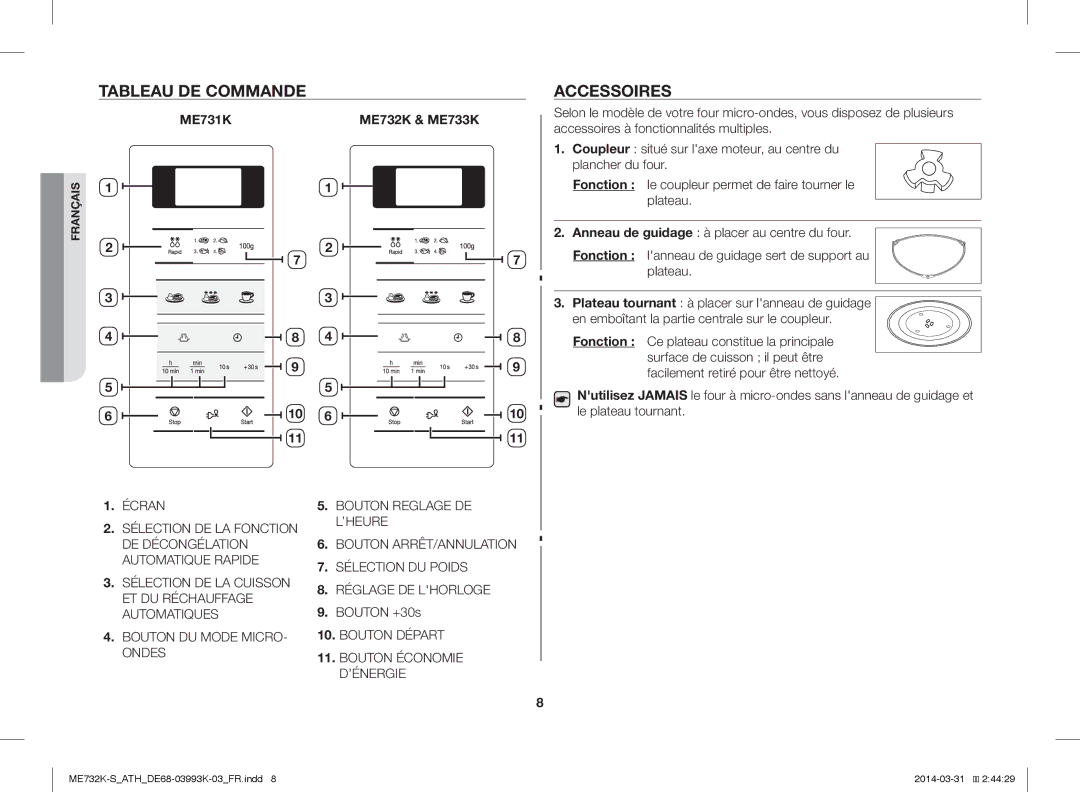 Samsung ME732K-S/ATH, ME732K-S/XEO, ME731K/ATH manual Tableau DE Commande, Accessoires, ME731K ME732K & ME733K, Bouton +30s 