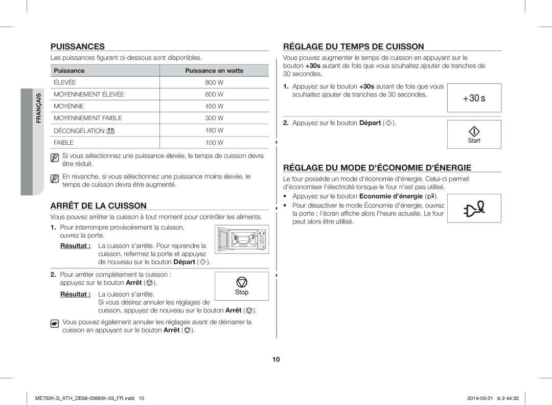 Samsung ME732K-S/XEO Puissances, Arrêt DE LA Cuisson, Réglage DU Temps DE Cuisson, Réglage DU Mode Déconomie Dénergie 