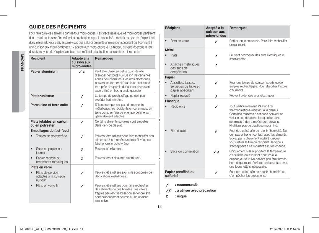 Samsung ME732K-S/ATH, ME732K-S/XEO, ME731K/ATH manual Guide DES Récipients 