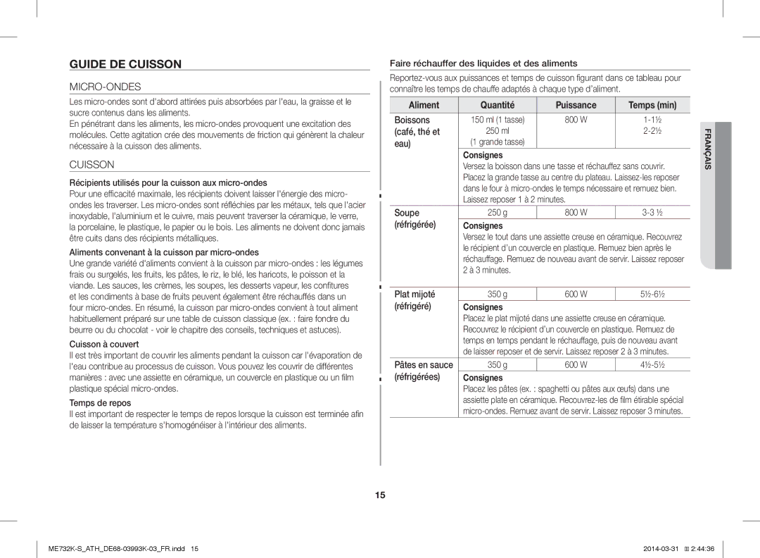 Samsung ME731K/ATH, ME732K-S/XEO, ME732K-S/ATH manual Guide DE Cuisson, Aliment Quantité, Temps min, Consignes 