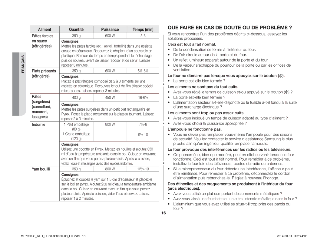 Samsung ME732K-S/XEO, ME732K-S/ATH manual QUE Faire EN CAS DE Doute OU DE Problème ?, Aliment Quantité Puissance Temps min 