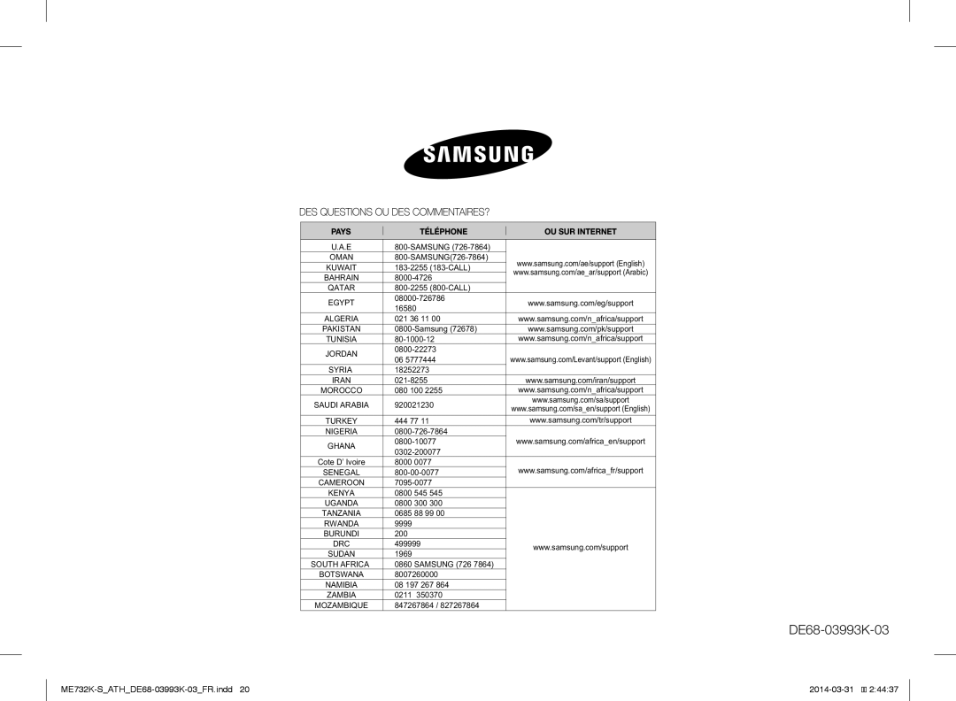 Samsung ME732K-S/ATH, ME732K-S/XEO, ME731K/ATH manual DE68-03993K-03 