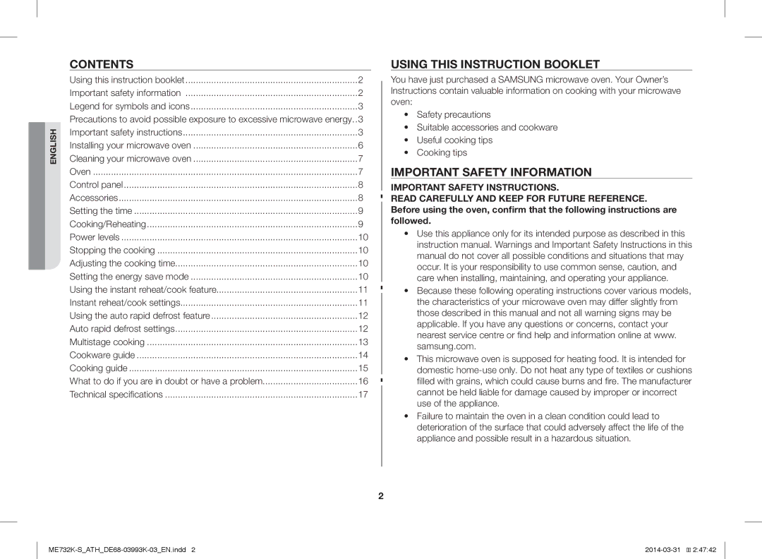 Samsung ME732K-S/XEO, ME732K-S/ATH, ME731K/ATH manual Contents, Using this Instruction Booklet, Important Safety Information 