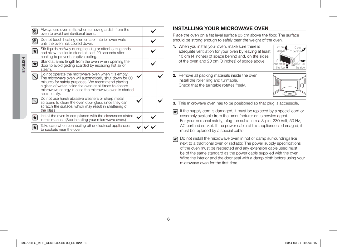 Samsung ME732K-S/ATH, ME732K-S/XEO, ME731K/ATH manual Installing Your Microwave Oven 