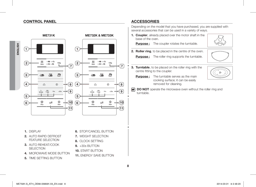 Samsung ME732K-S/XEO, ME732K-S/ATH, ME731K/ATH manual Control Panel, Accessories, +30s Button 