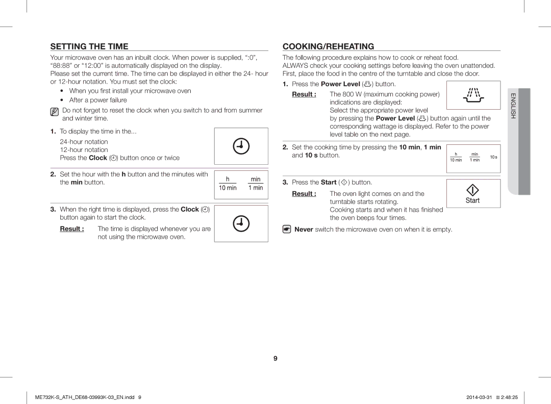 Samsung ME732K-S/ATH, ME732K-S/XEO, ME731K/ATH manual Setting the Time, Cooking/Reheating, Result 