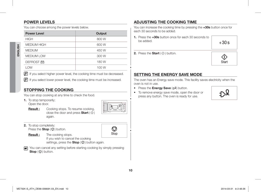 Samsung ME731K/ATH manual Power Levels, Stopping the Cooking, Adjusting the Cooking Time, Setting the Energy Save Mode 