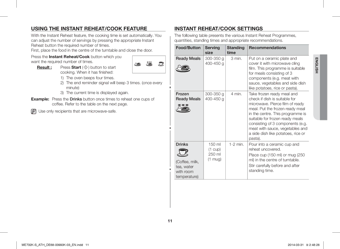 Samsung ME732K-S/XEO, ME732K-S/ATH, ME731K/ATH manual Using the Instant REHEAT/COOK Feature, Instant REHEAT/COOK Settings 