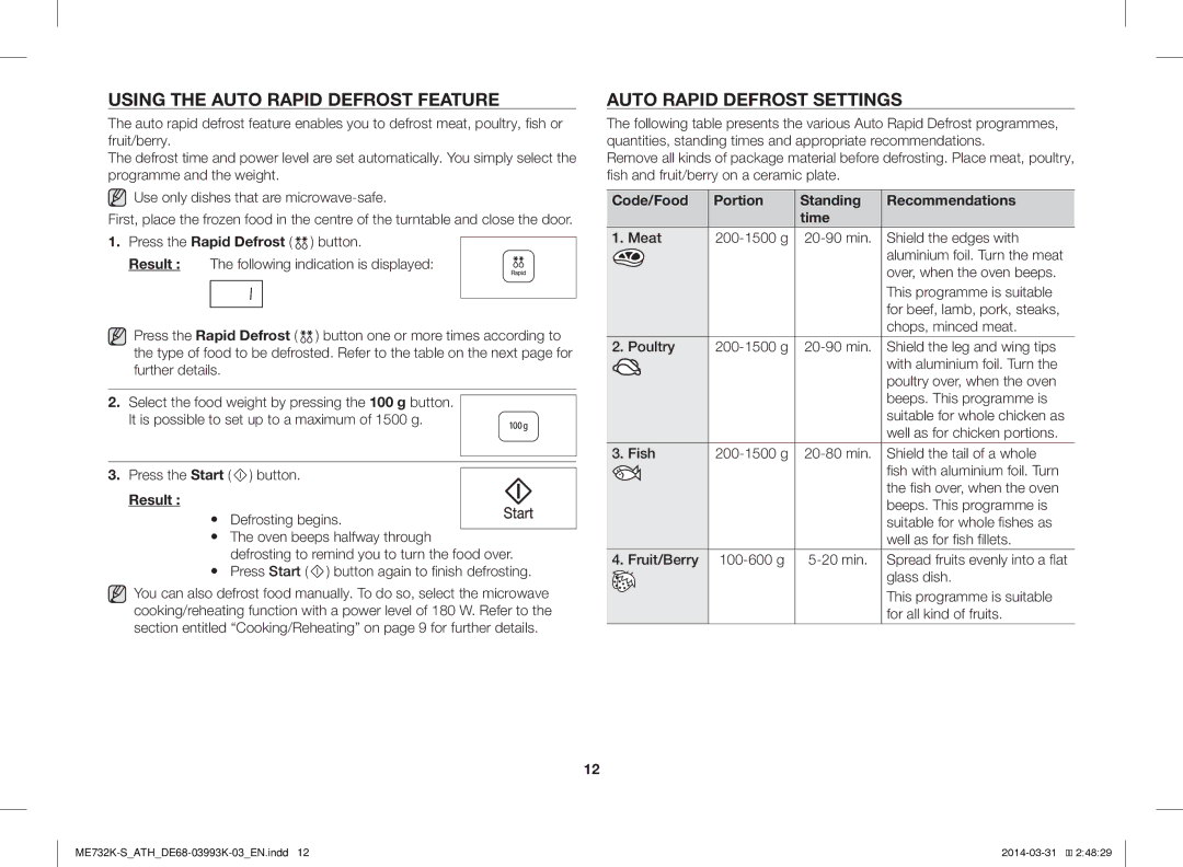 Samsung ME732K-S/ATH, ME732K-S/XEO, ME731K/ATH manual Using the Auto Rapid Defrost Feature, Auto Rapid Defrost Settings 