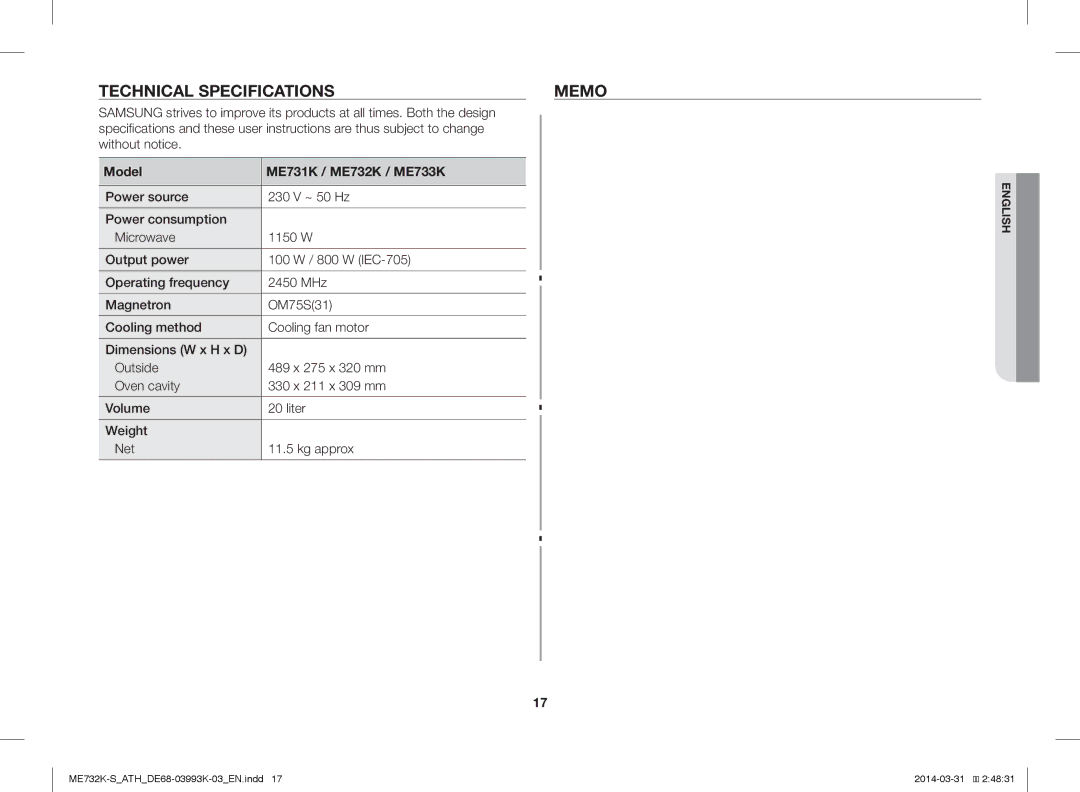 Samsung ME732K-S/XEO manual Technical Specifications Memo, User instructions are thus subject to change Without notice 