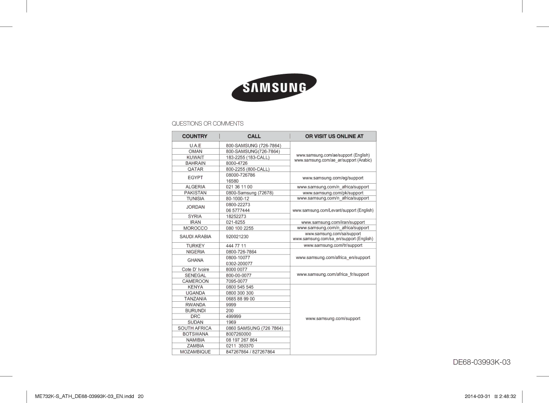 Samsung ME732K-S/XEO, ME732K-S/ATH, ME731K/ATH manual DE68-03993K-03 