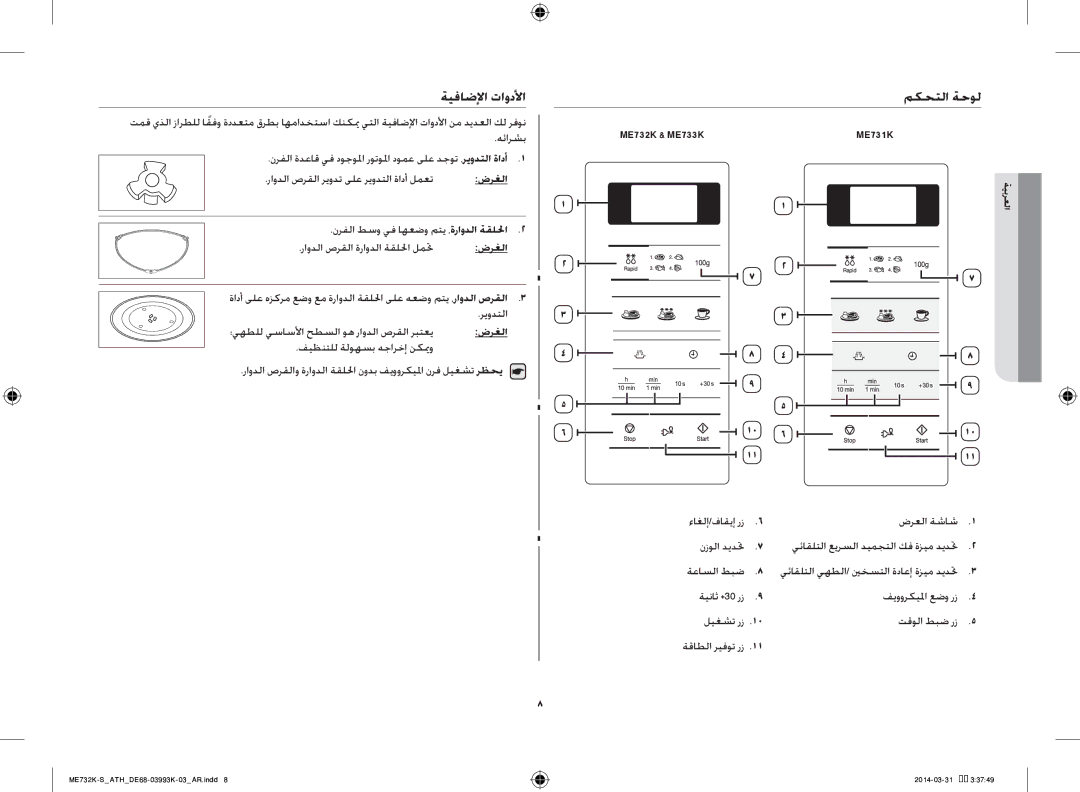 Samsung ME731K/ATH ةيفاضلإا تاودلأا مكحتلا ةحول, ؛يهطلل يساسلأا حطسلا وه راودلا صرقلا ربتعي, ME732K & ME733K ME731K, ضرغلا 