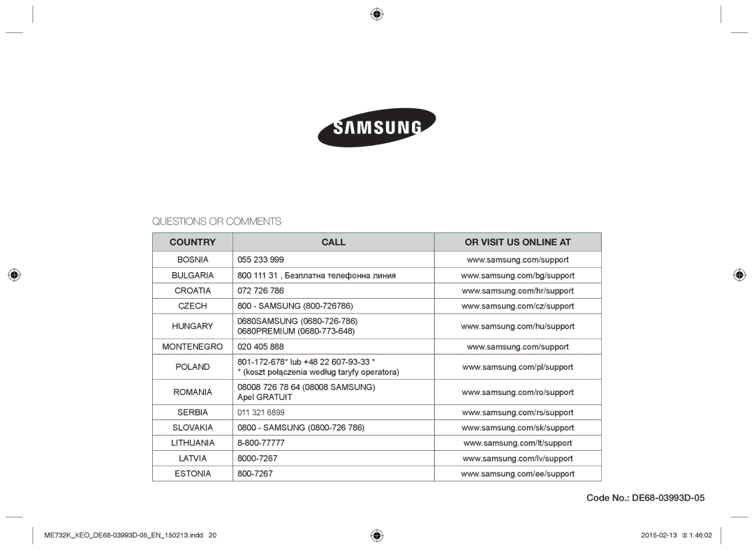 Samsung ME732K/ELE, ME732K/AND, ME732K/XEO, ME732K-S/XEO, ME732K-S/ATH manual Questions or Comments 