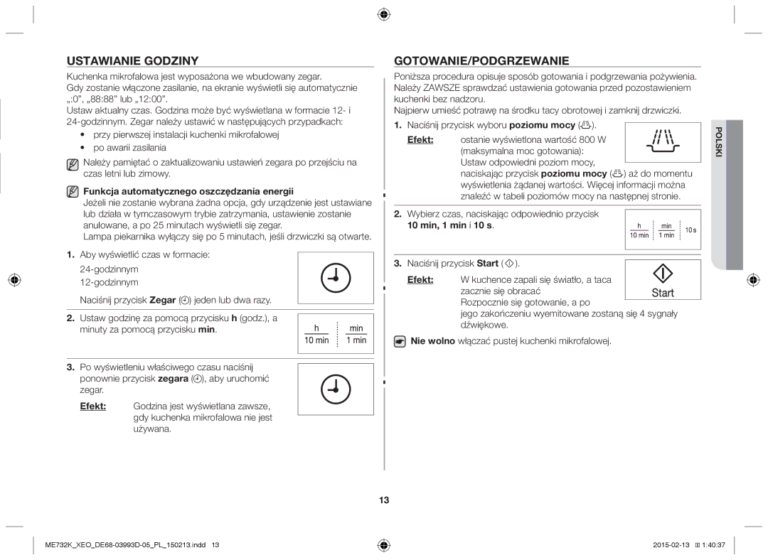 Samsung ME732K-S/XEO, ME732K/ELE Ustawianie godziny Gotowanie/Podgrzewanie, Funkcja automatycznego oszczędzania energii 