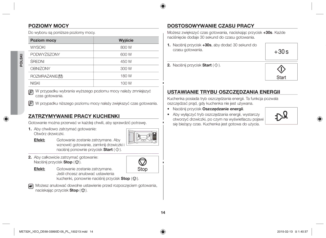 Samsung ME732K-S/ATH, ME732K/ELE, ME732K/AND manual Poziomy mocy, Dostosowywanie czasu pracy, Zatrzymywanie pracy kuchenki 