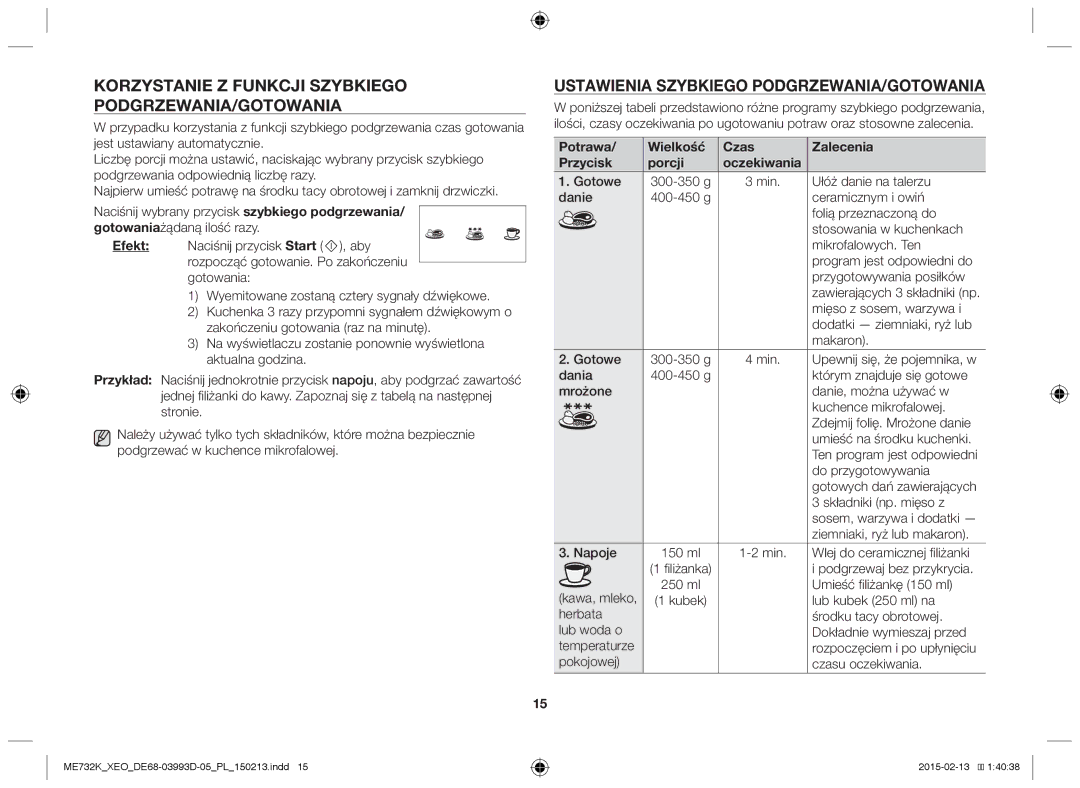 Samsung ME732K/ELE Korzystanie z funkcji szybkiego podgrzewania/gotowania, Ustawienia szybkiego podgrzewania/gotowania 