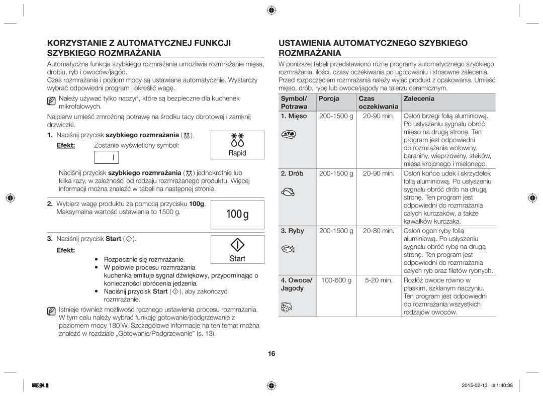 Samsung ME732K/AND Korzystanie z automatycznej funkcji szybkiego rozmrażania, Naciśnij przycisk szybkiego rozmrażania 