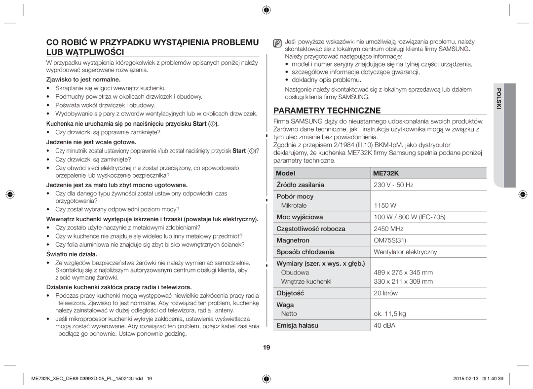 Samsung ME732K-S/ATH manual Co robić w przypadku wystąpienia problemu lub wątpliwości, Parametry techniczne, Model ME732K 