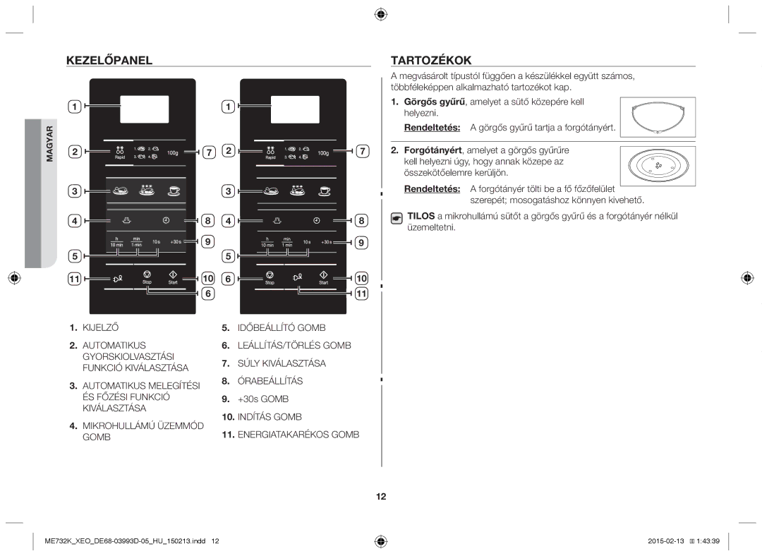 Samsung ME732K/XEO, ME732K/ELE, ME732K/AND, ME732K-S/XEO, ME732K-S/ATH manual Kezelőpanel Tartozékok 