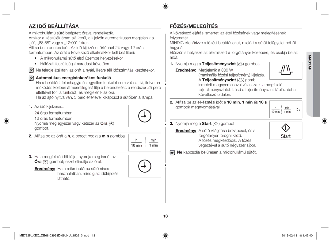 Samsung ME732K-S/XEO Az idő beállítása, Főzés/Melegítés, Automatikus energiatakarékos funkció, Teljesítményszint gomb 