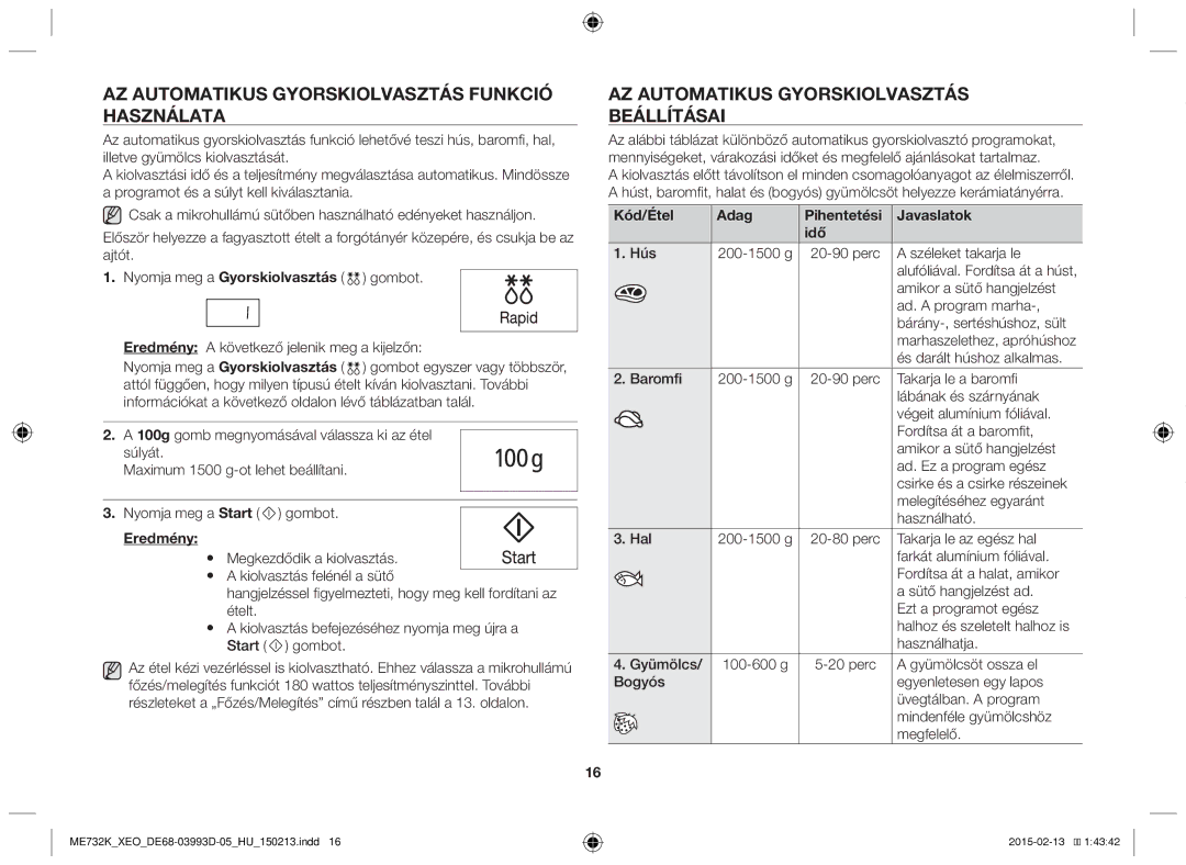 Samsung ME732K/AND manual Az automatikus gyorskiolvasztás funkció használata, Az Automatikus gyorskiolvasztás beállításai 