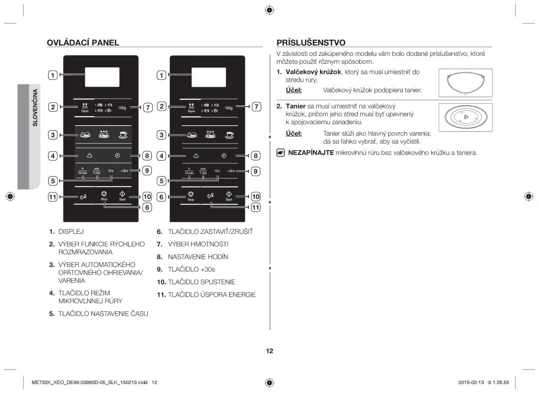 Samsung ME732K/XEO, ME732K/ELE, ME732K/AND, ME732K-S/XEO, ME732K-S/ATH manual Ovládací panel Príslušenstvo 