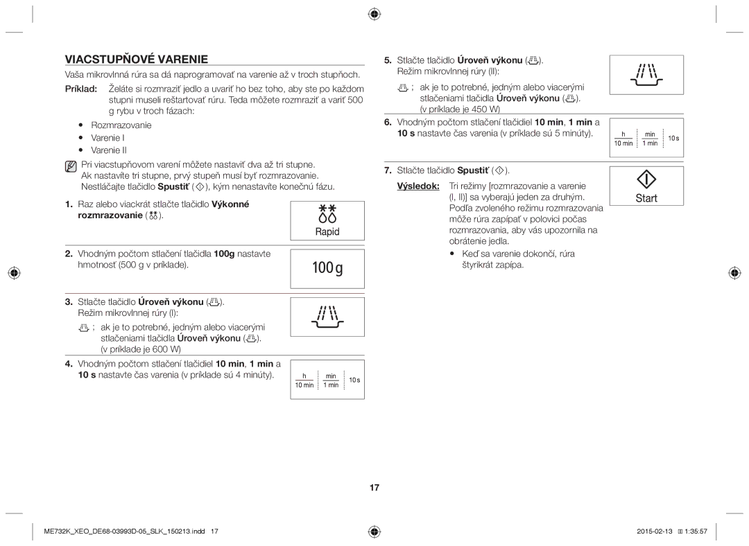 Samsung ME732K/XEO, ME732K/ELE, ME732K/AND, ME732K-S/XEO, ME732K-S/ATH manual Viacstupňové varenie, Rozmrazovanie 