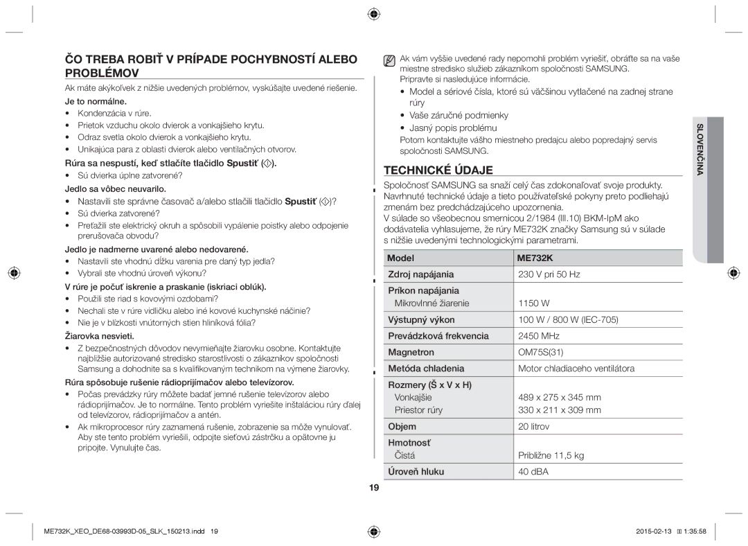 Samsung ME732K-S/ATH, ME732K/ELE, ME732K/AND manual Čo treba robiť v prípade pochybností alebo problémov, Technické údaje 