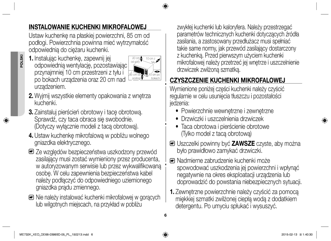 Samsung ME732K/AND, ME732K/ELE, ME732K/XEO manual Instalowanie kuchenki mikrofalowej, Czyszczenie kuchenki mikrofalowej 