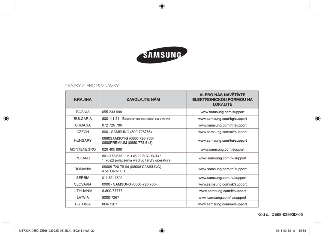 Samsung ME732K/ELE, ME732K/AND, ME732K/XEO, ME732K-S/XEO, ME732K-S/ATH manual Otázky Alebo Poznámky 