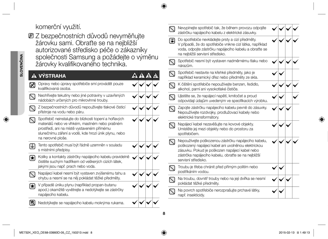 Samsung ME732K-S/XEO, ME732K/ELE, ME732K/AND, ME732K/XEO, ME732K-S/ATH manual Komerční využití, Výstraha 