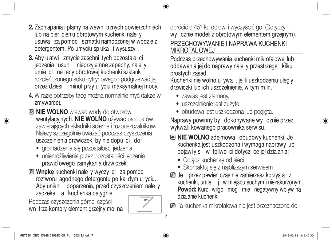 Samsung ME732K/XEO manual Razie potrzeby tacę można normalnie myć także w zmywarce, Gromadzenia się pozostałości jedzenia 