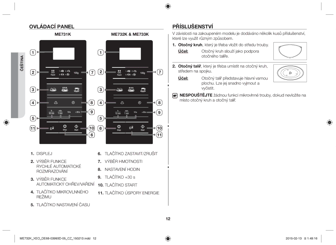 Samsung ME732K/XEO, ME732K/ELE, ME732K/AND manual Ovládací panel, Příslušenství, ME731K ME732K & ME733K, Tlačítko +30 s 