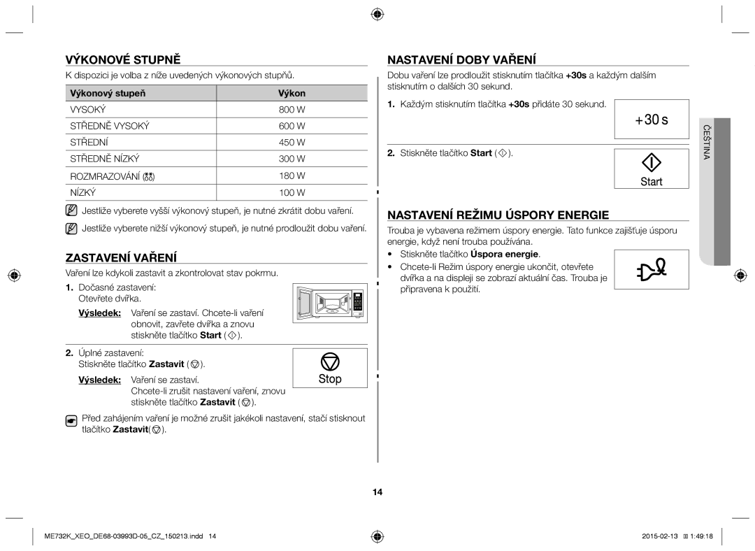 Samsung ME732K-S/ATH, ME732K/ELE Výkonové stupně, Nastavení doby vaření, Zastavení vaření, Nastavení režimu úspory energie 