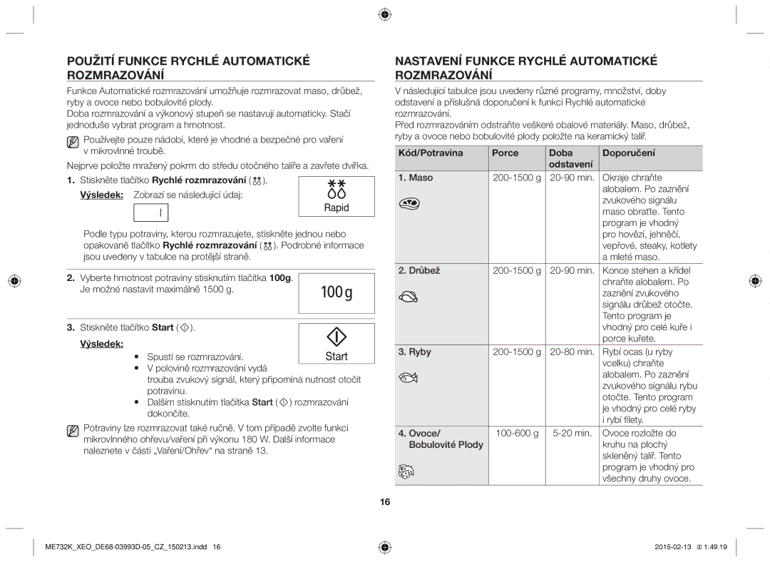 Samsung ME732K/AND manual Použití funkce rychlé automatické rozmrazování, Nastavení funkce rychlé automatické rozmrazování 