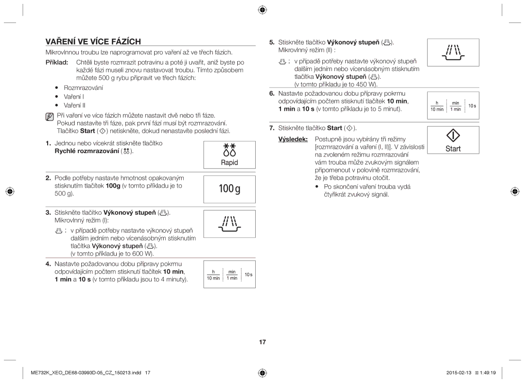 Samsung ME732K/XEO, ME732K/ELE, ME732K/AND, ME732K-S/XEO, ME732K-S/ATH manual Vaření ve více fázích, Rychlé rozmrazování 