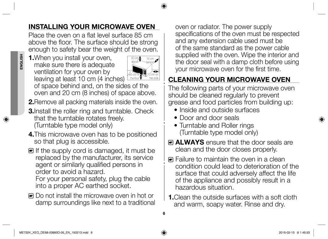 Samsung ME732K/AND, ME732K/ELE, ME732K/XEO, ME732K-S/XEO manual Installing your microwave oven, Cleaning your microwave oven 