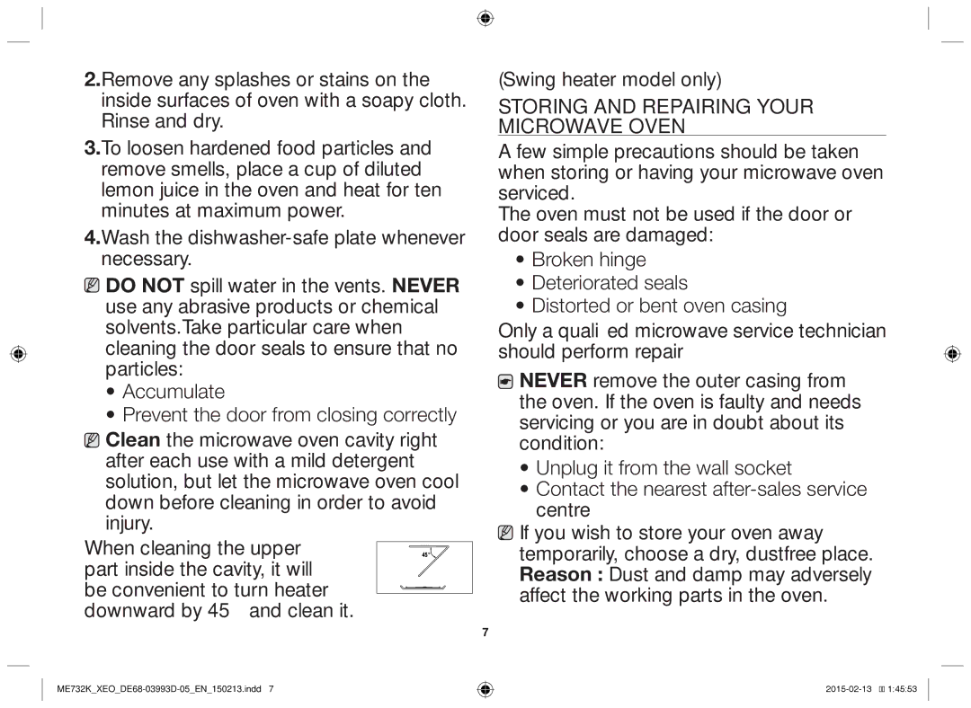 Samsung ME732K/XEO, ME732K/ELE, ME732K/AND Swing heater model only, Storing and repairing your Microwave oven, Serviced 