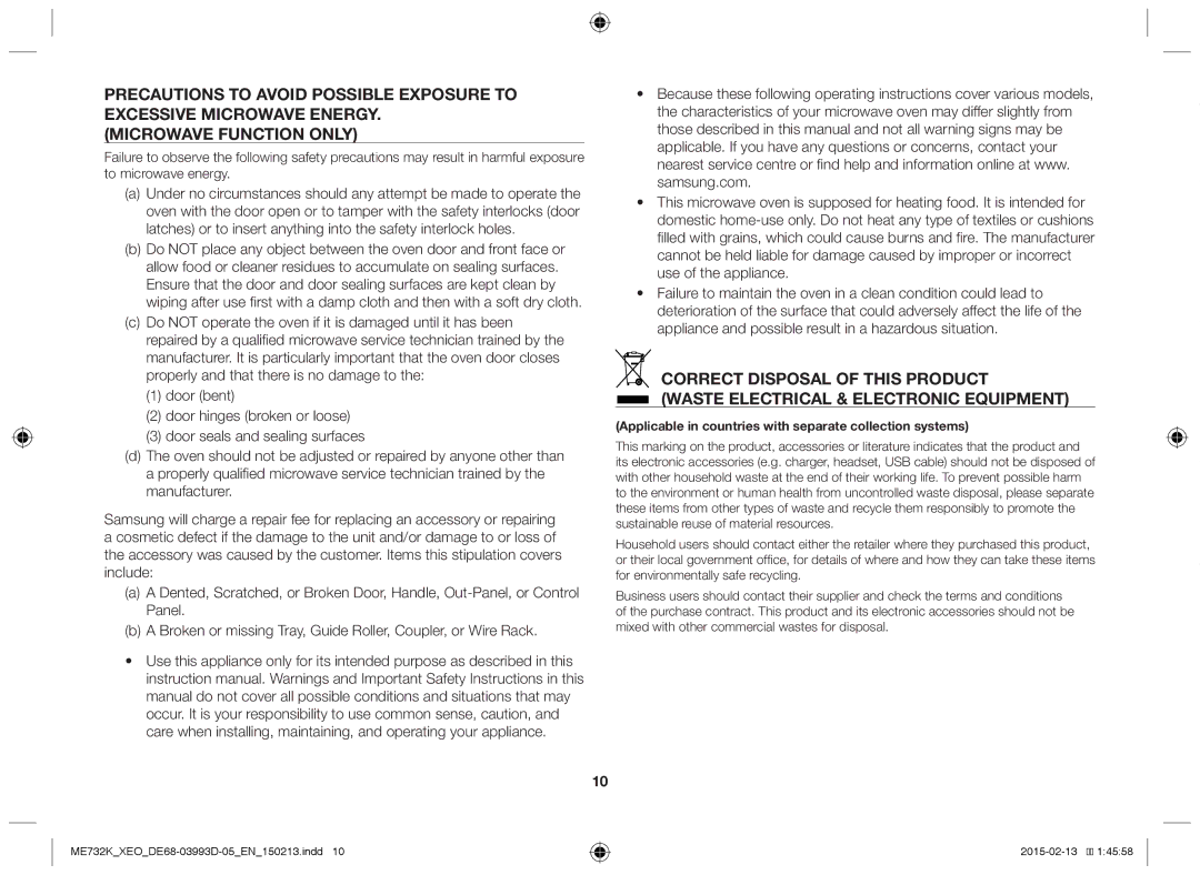 Samsung ME732K/ELE, ME732K/AND, ME732K/XEO, ME732K-S/XEO manual Applicable in countries with separate collection systems 