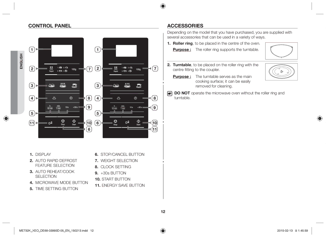 Samsung ME732K/XEO, ME732K/ELE, ME732K/AND, ME732K-S/XEO, ME732K-S/ATH manual Control panel, Accessories 