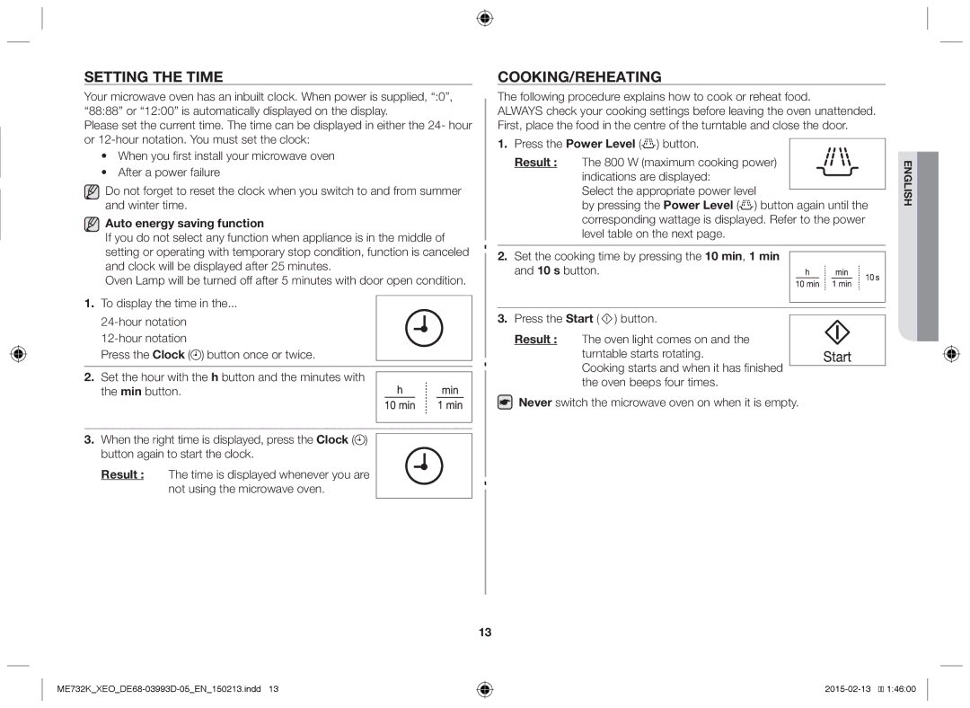 Samsung ME732K-S/XEO, ME732K/ELE, ME732K/AND, ME732K/XEO Setting the time, Cooking/Reheating, Auto energy saving function 