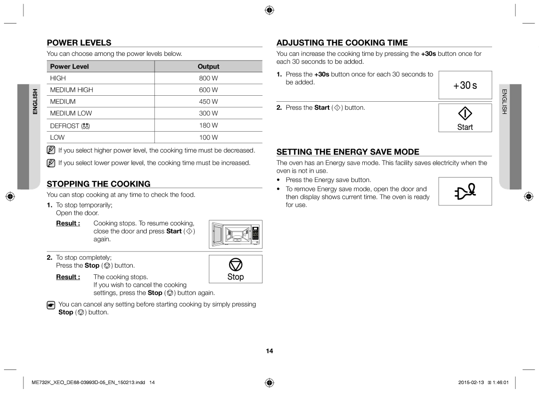 Samsung ME732K-S/ATH manual Power levels, Stopping the cooking, Adjusting the cooking time, Setting the energy save mode 