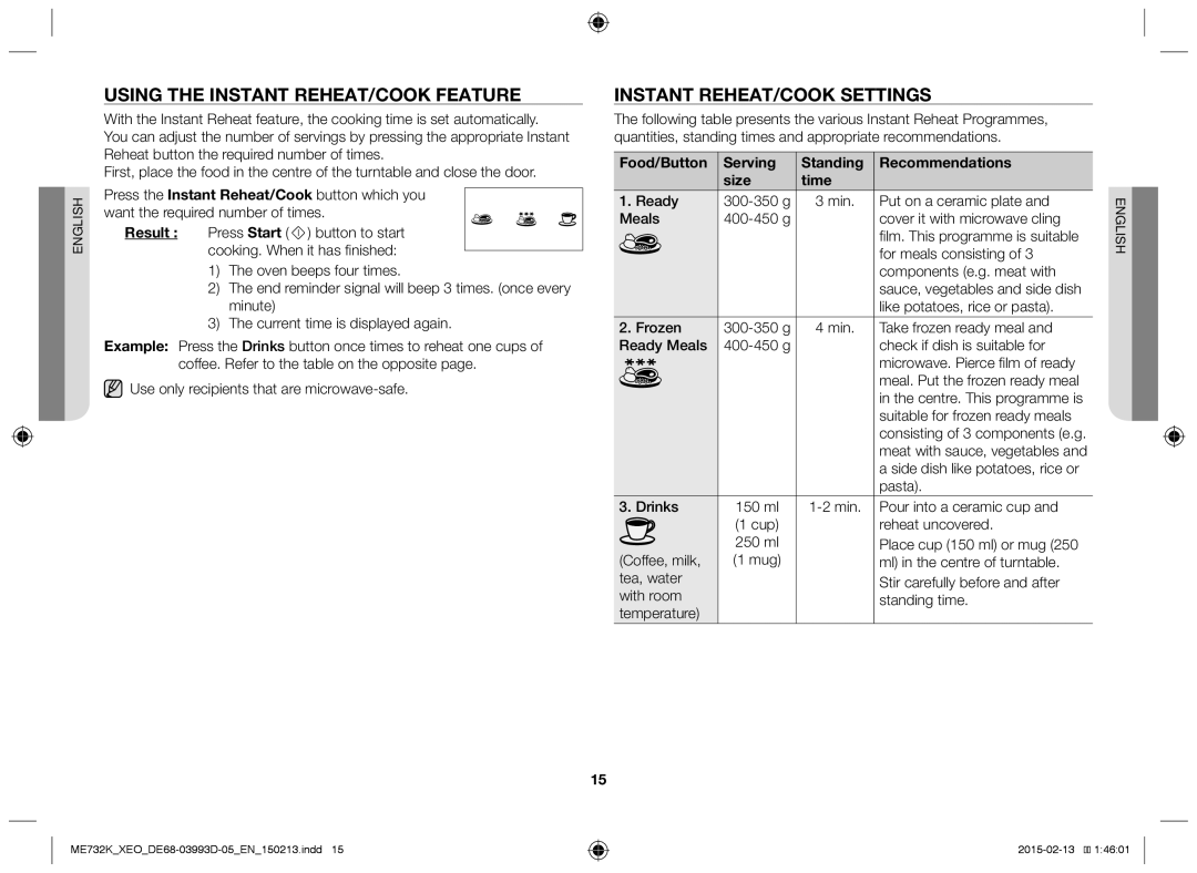 Samsung ME732K/ELE, ME732K/AND, ME732K/XEO, ME732K-S/XEO Using the instant reheat/cook feature, Instant reheat/cook settings 